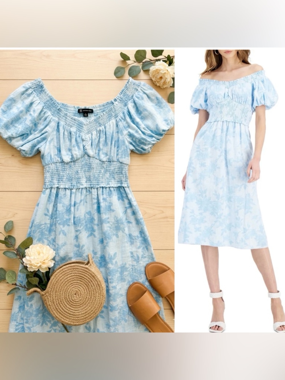 INC International Concepts Sky Blue Floral Smocked Off Shoulder Dress Jolene L